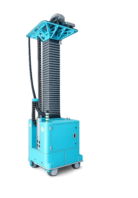 Ceiling grinding robot shown as a tall mobile unit with an overhead grinding head